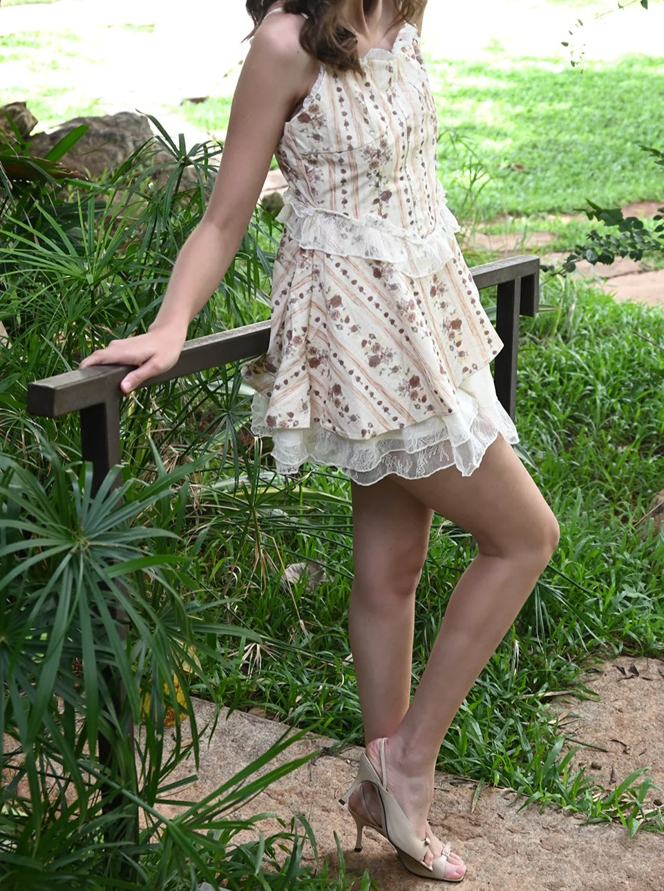 Odette Women Printed Off White Corduroy And Lace Short Dress - Image 2