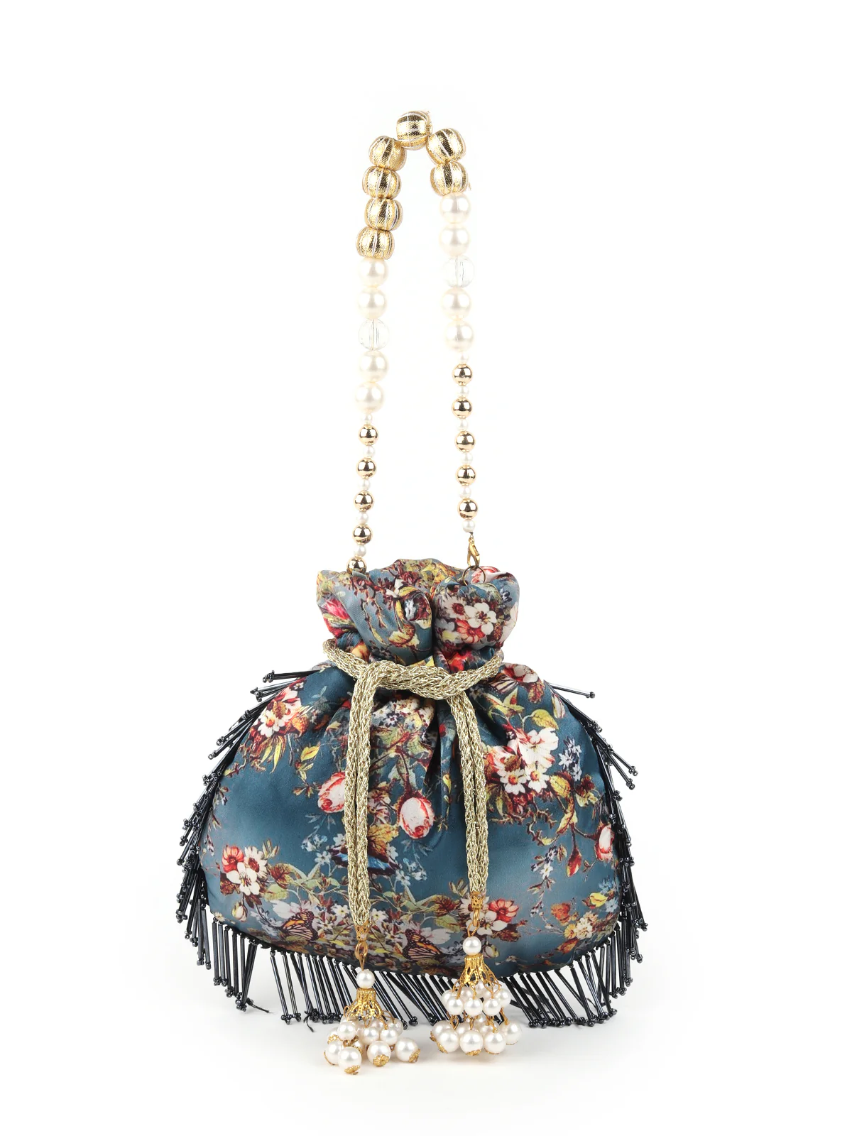 Odette Women Printed Teal Potli Bag With Metallic Tassels - Image 3