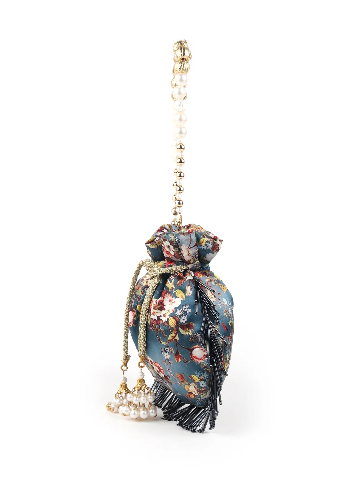 Odette Women Printed Teal Potli Bag With Metallic Tassels - Image 4