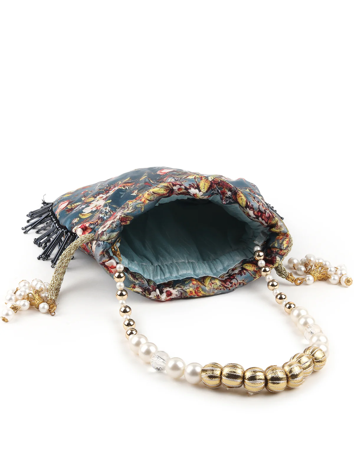 Odette Women Printed Teal Potli Bag With Metallic Tassels - Image 6
