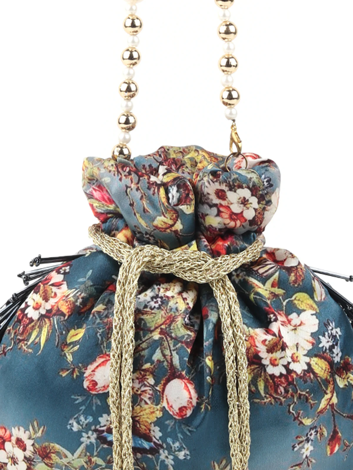 Odette Women Printed Teal Potli Bag With Metallic Tassels - Image 7