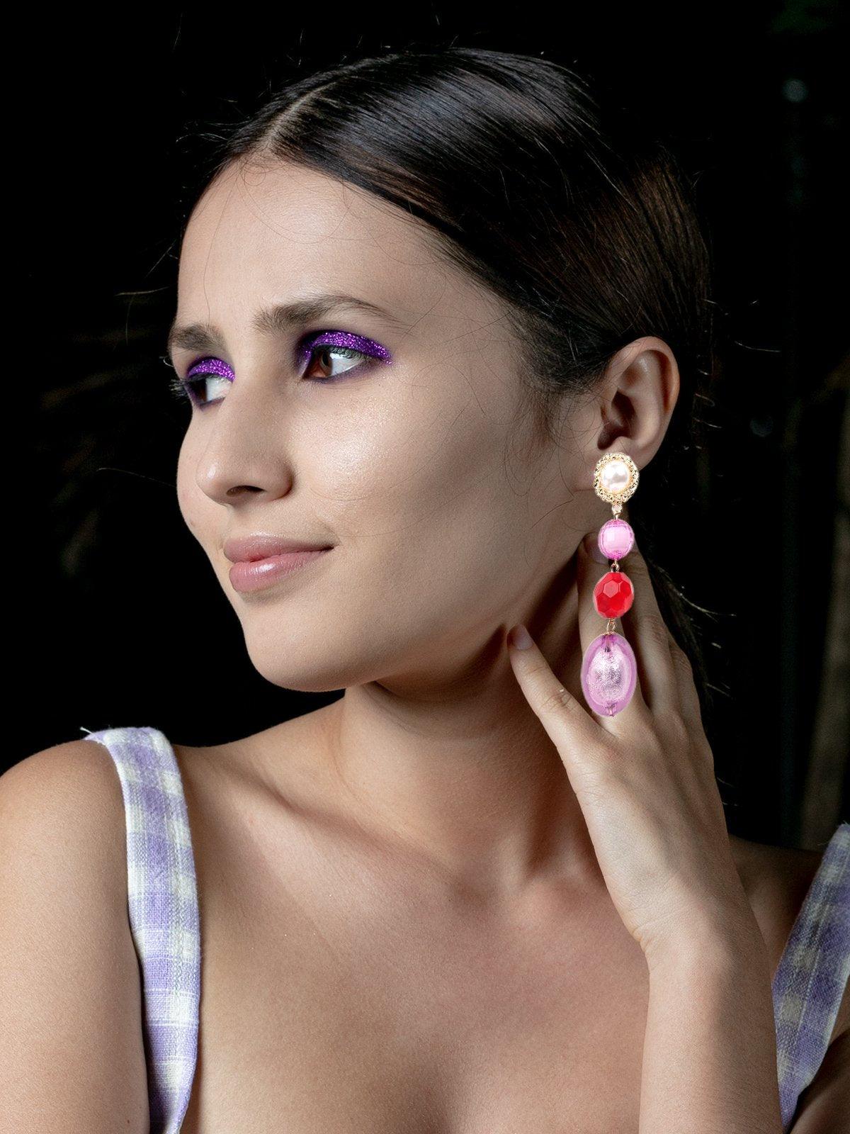 Odette Women Purple And Red Straw Earrings