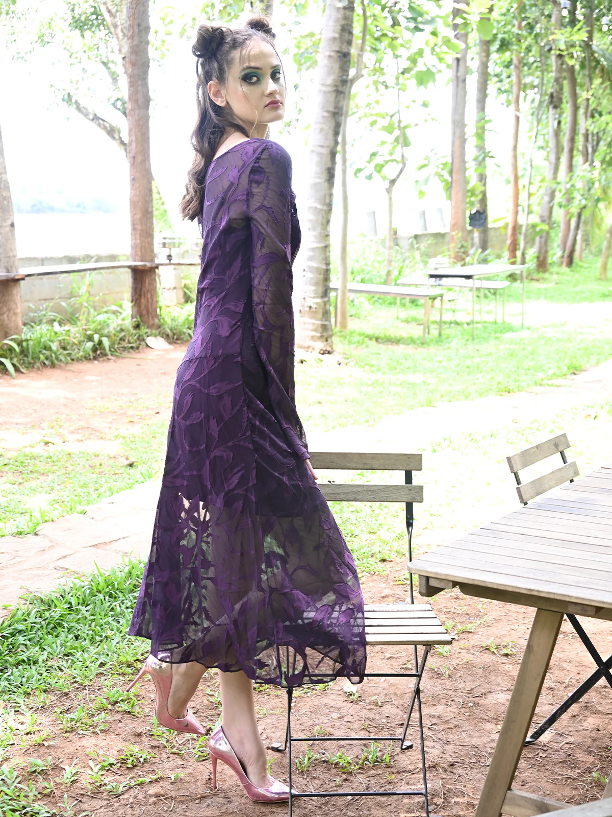 Odette Women Purple Brasso Georgette Self Design Long Dress - Image 3