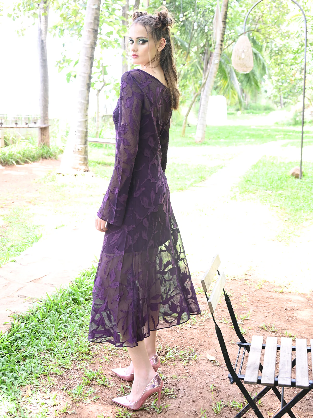 Odette Women Purple Brasso Georgette Self Design Long Dress - Image 4