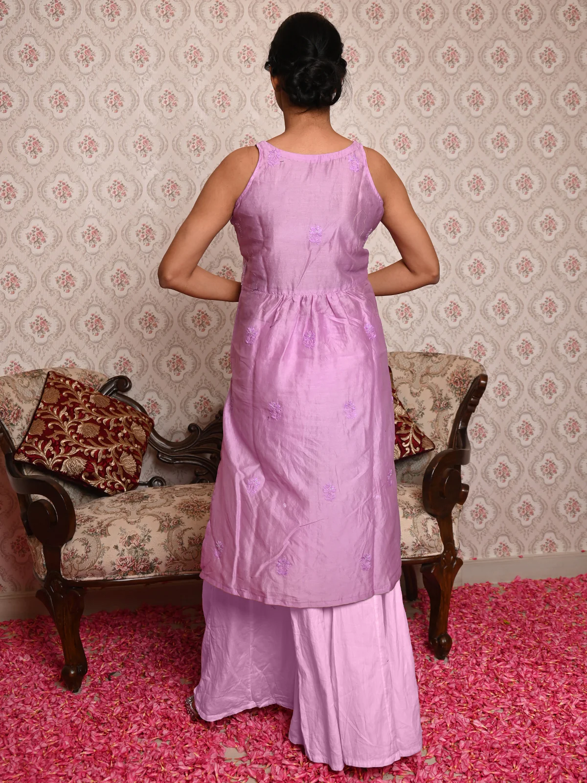 Odette Women Purple Cotton Chikankari Beads Embroidered Stitched Kurta With Dupatta - Image 3