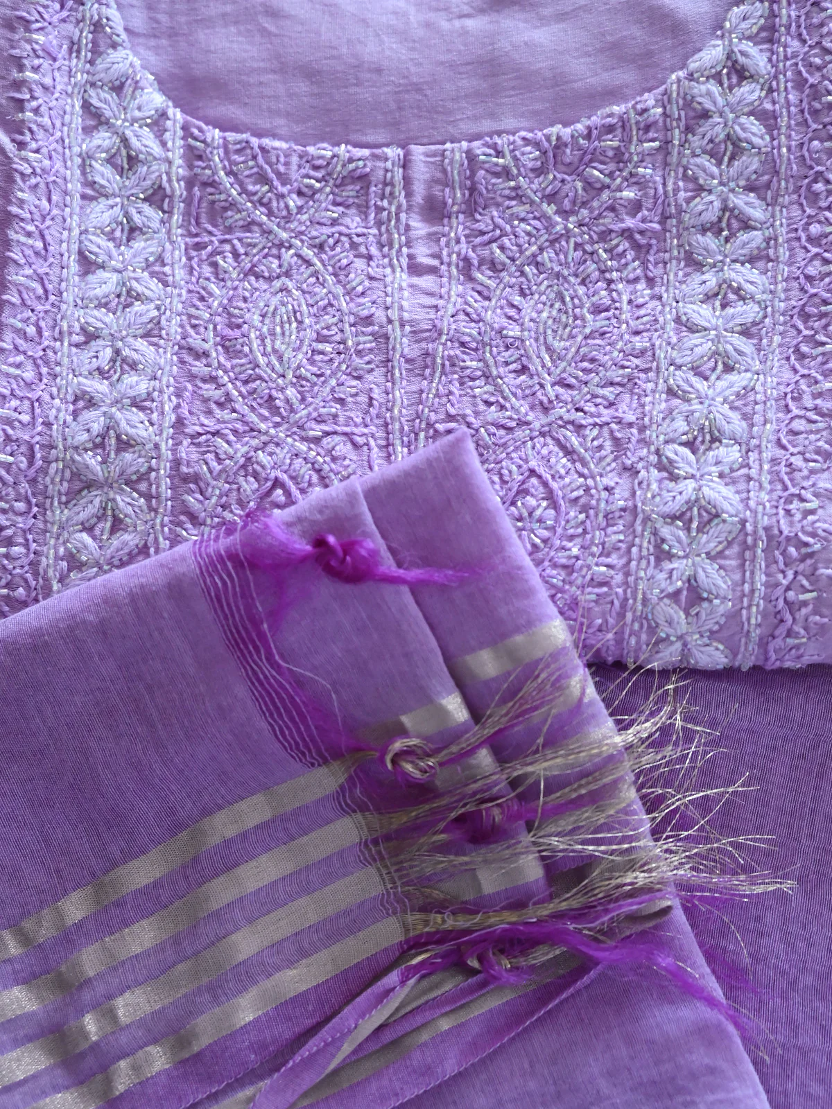 Odette Women Purple Cotton Chikankari Beads Embroidered Stitched Kurta With Dupatta - Image 4