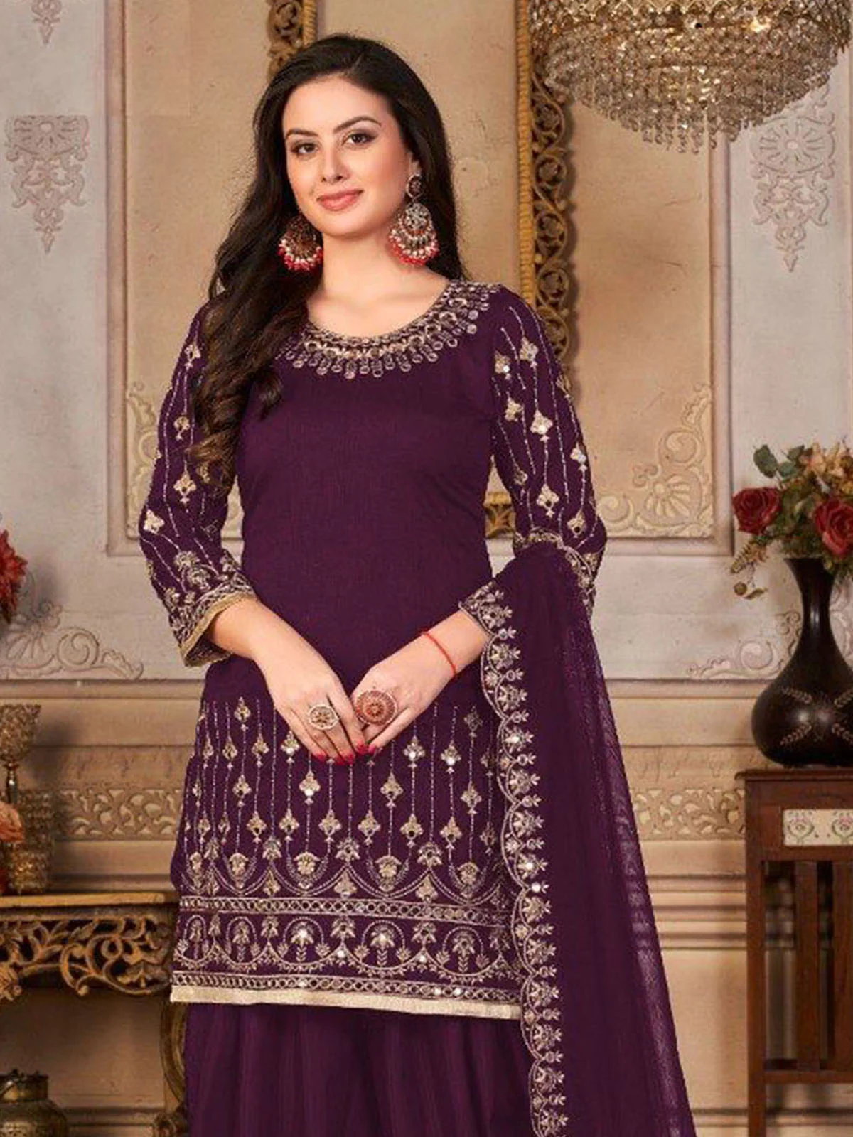 Odette Women Violet Embroidered Faux Georgette Patiala Semi Stitched Suit - Image 2