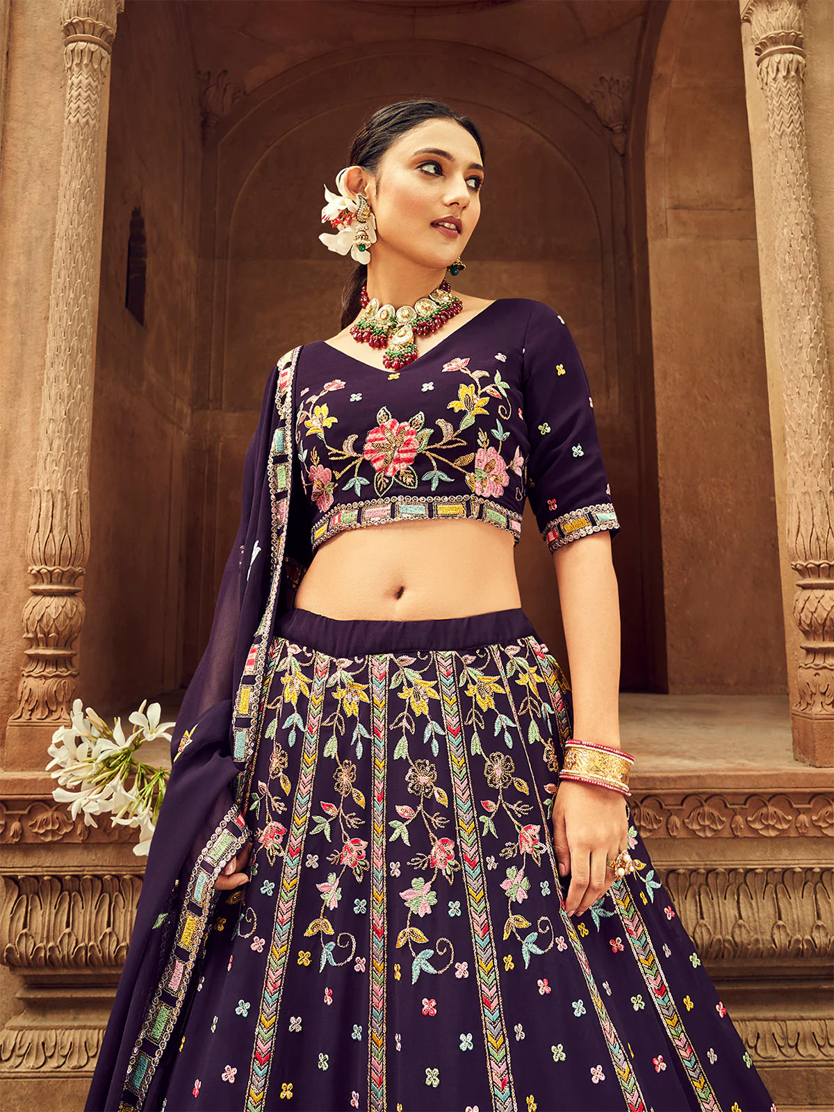 Odette Women Purple Embroidered Festive Semi Stitched Lehenga With  Unstitched Blouse - Image 3