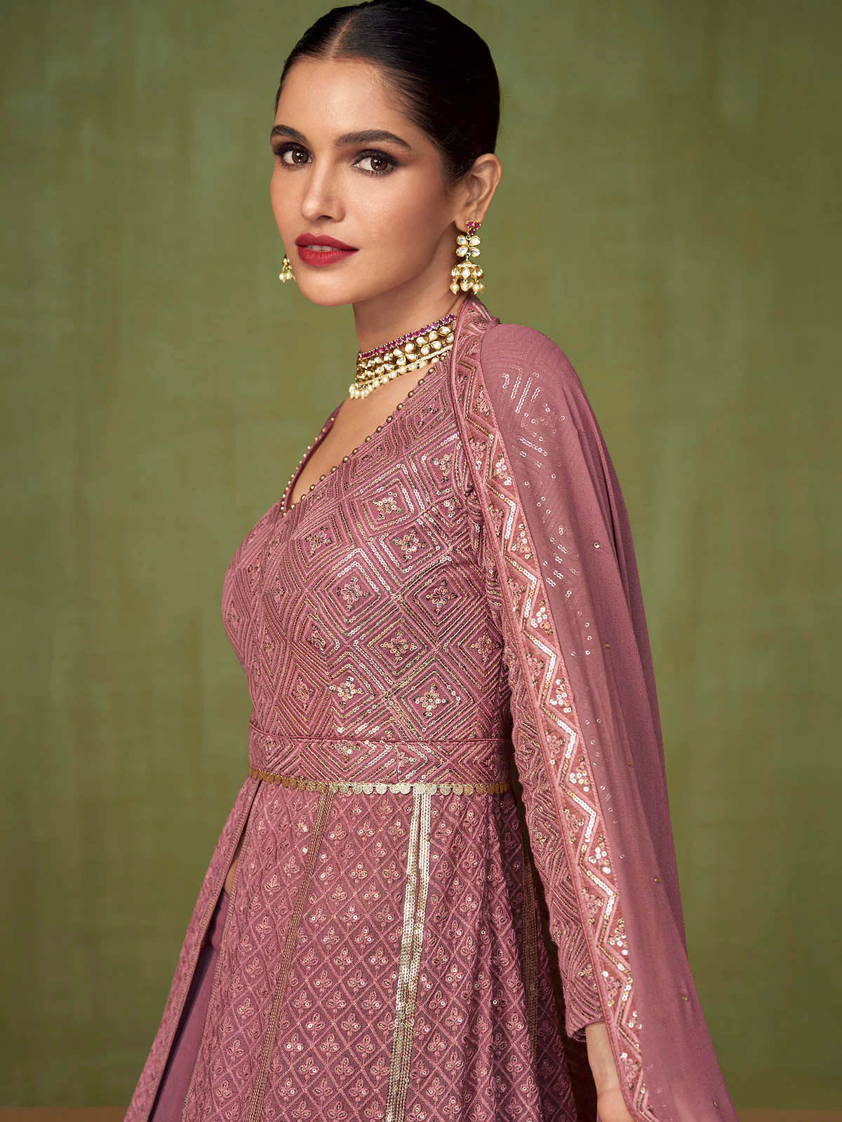 Odette Women Purple Embroidered Georgette A-Line Semi-Stitched Anarkali Suit - Image 2