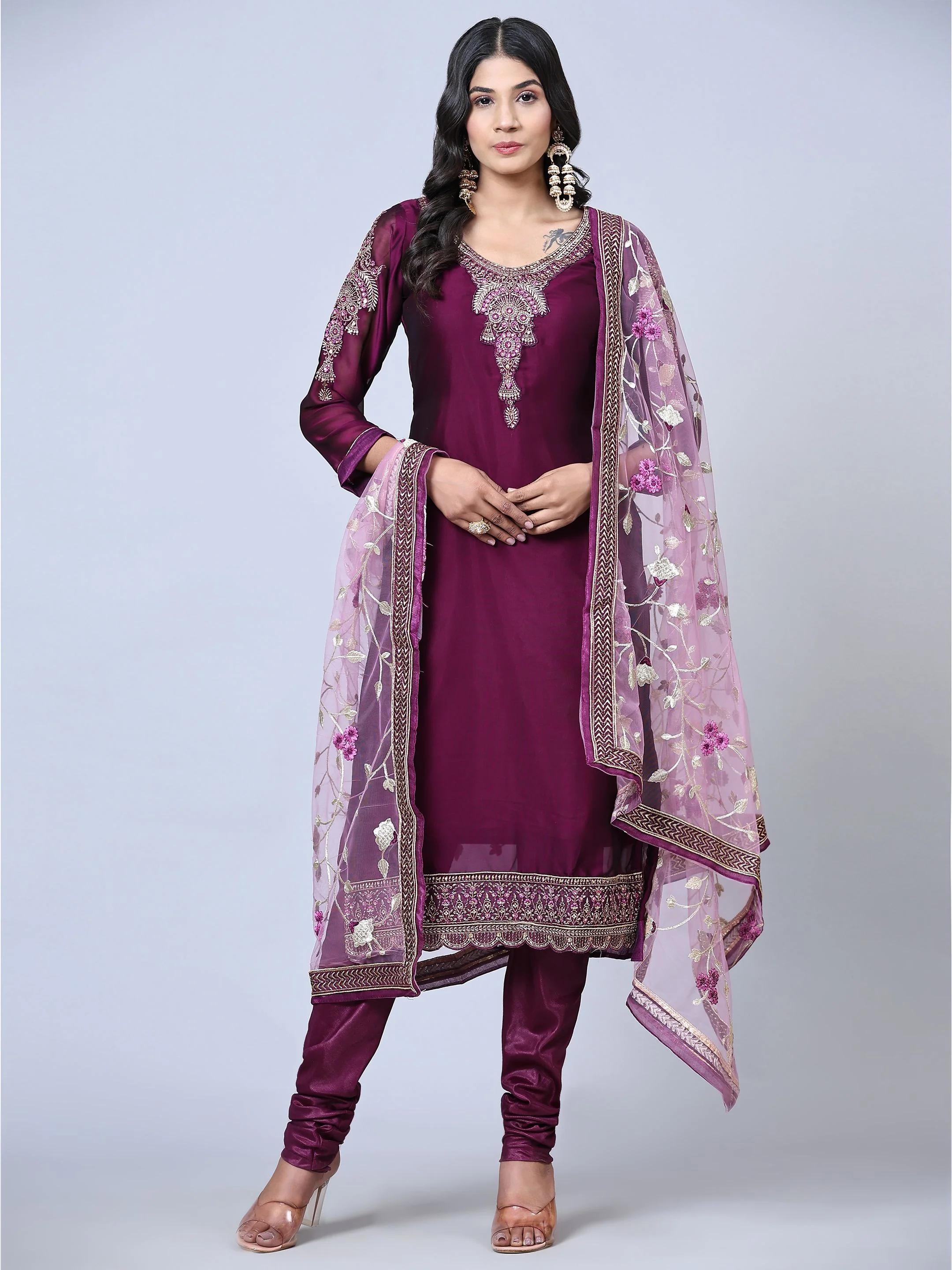 Odette Women Purple Embroidered Georgette Semi Stitched Salwar Suit - Image 2