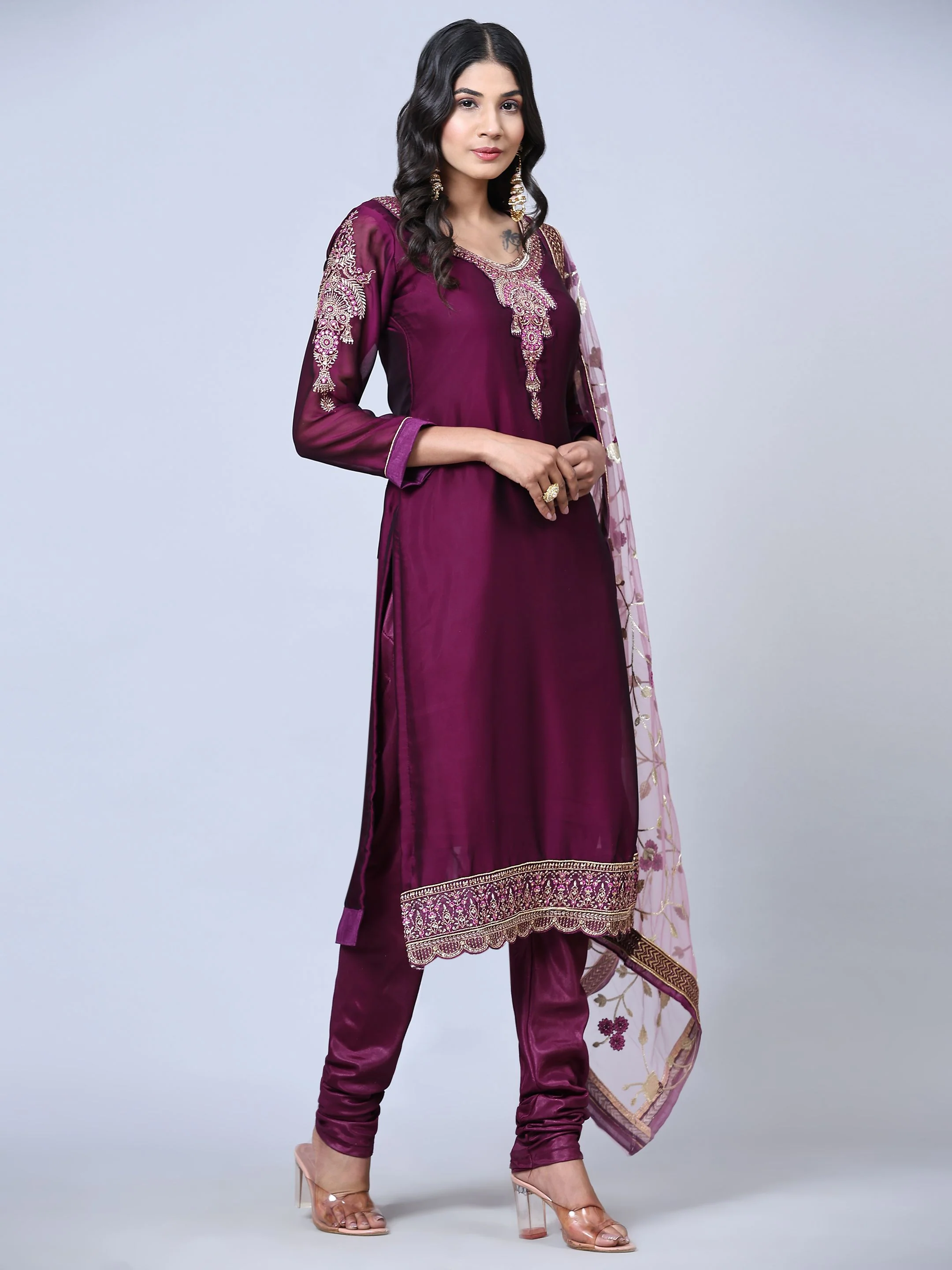 Odette Women Purple Embroidered Georgette Semi Stitched Salwar Suit - Image 3