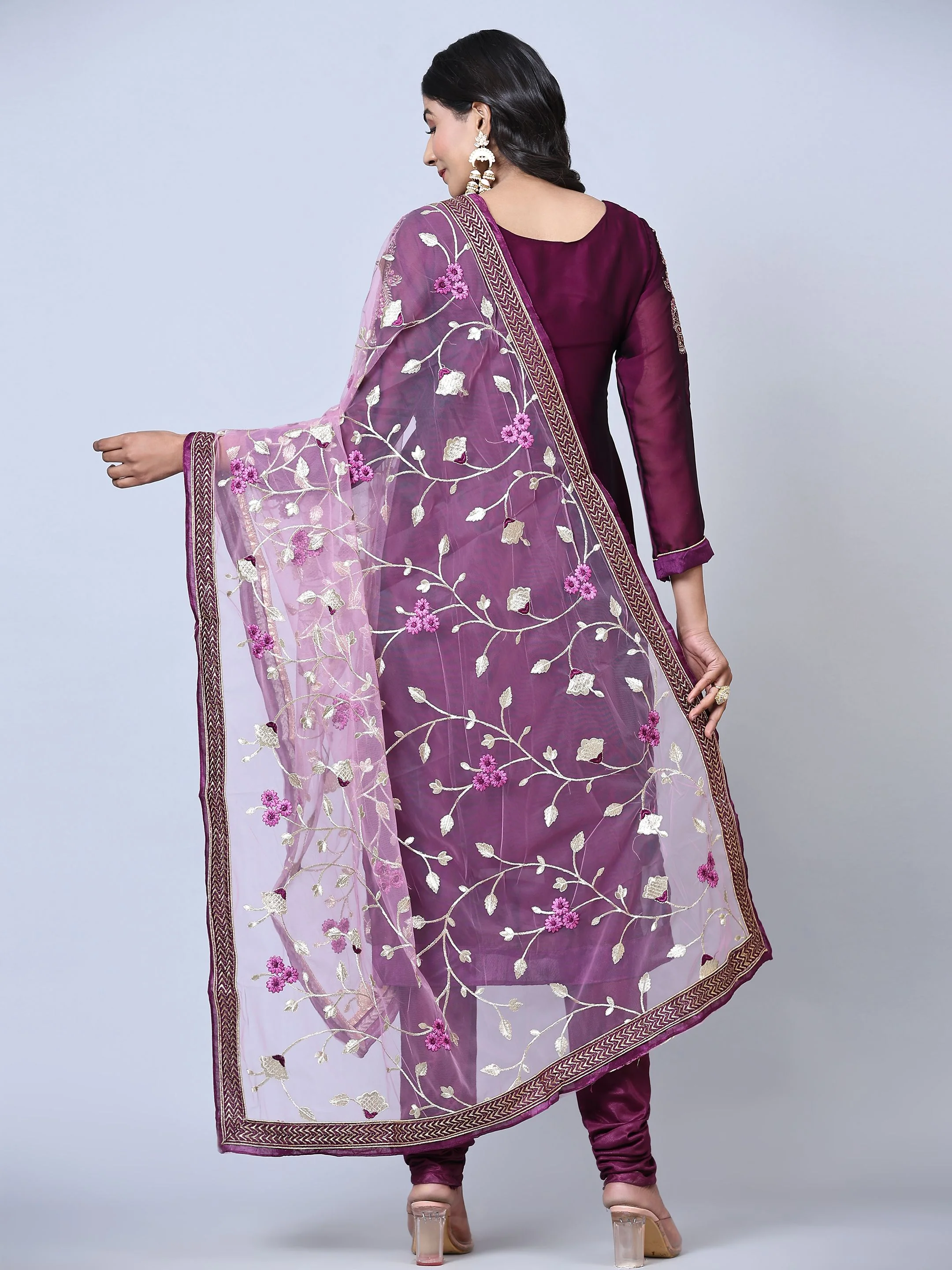 Odette Women Purple Embroidered Georgette Semi Stitched Salwar Suit - Image 4