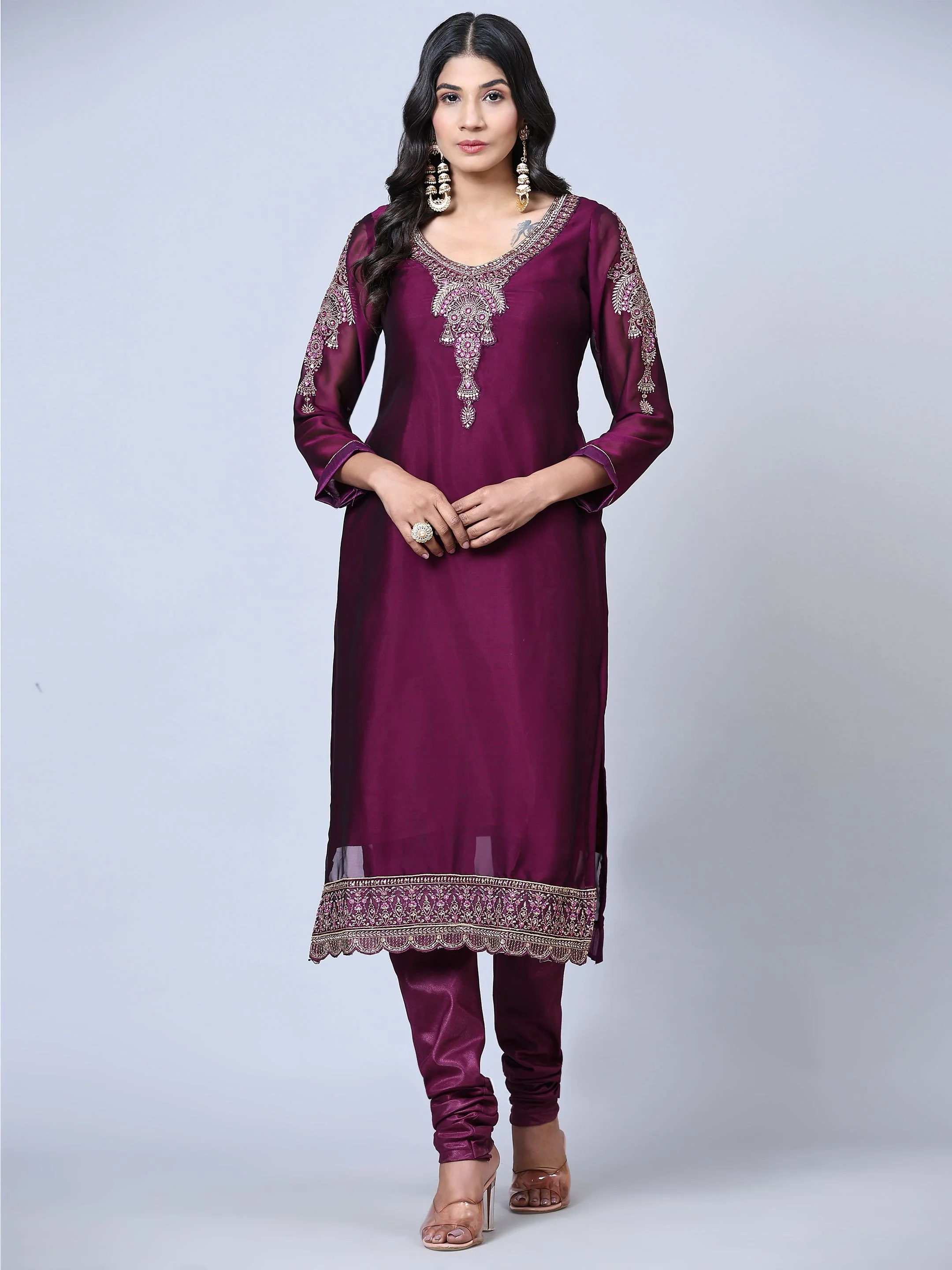 Odette Women Purple Embroidered Georgette Semi Stitched Salwar Suit - Image 5