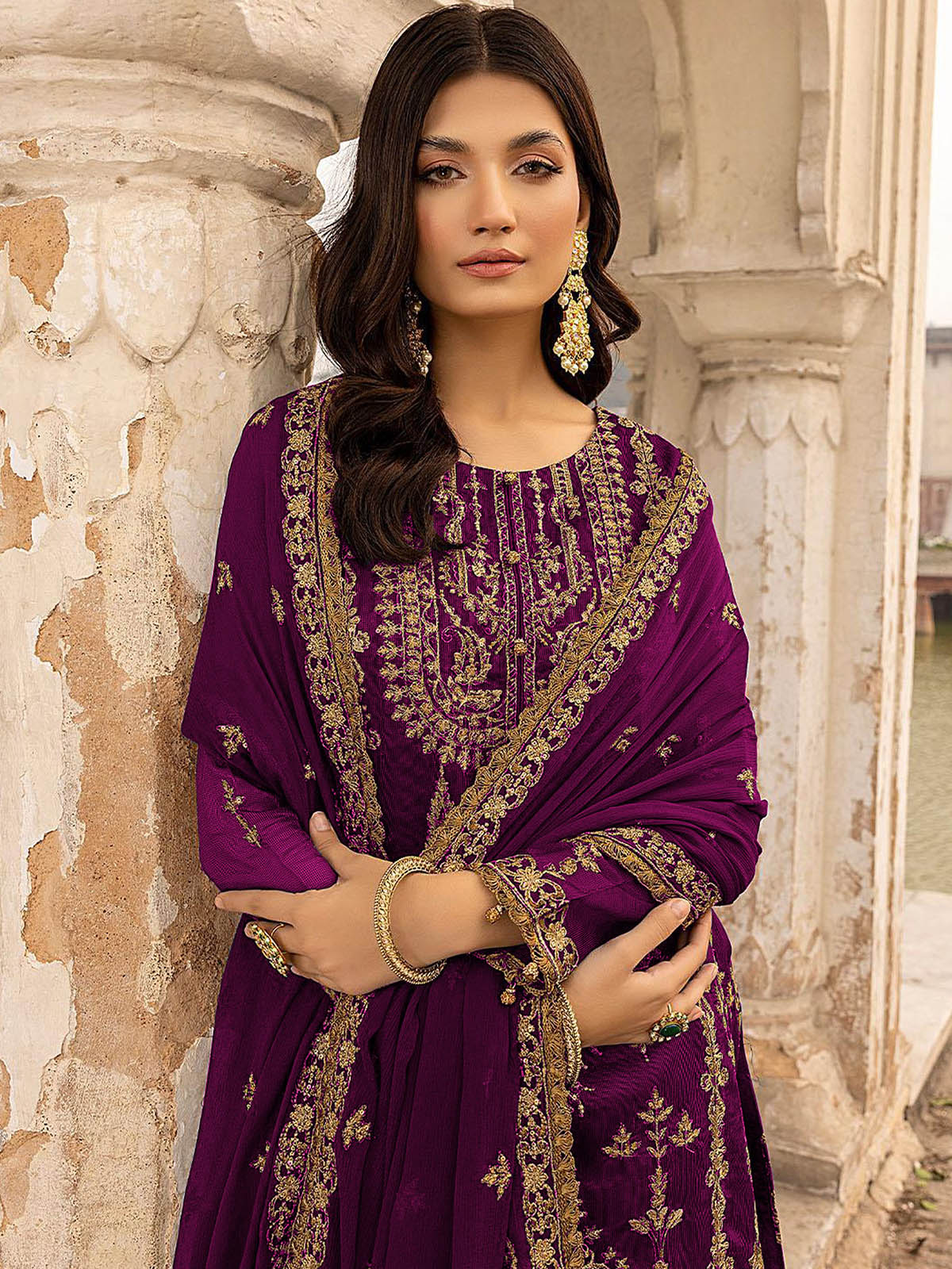 Odette Women Purple Embroidered Georgette Semi Stitched Salwar Suit - Image 2