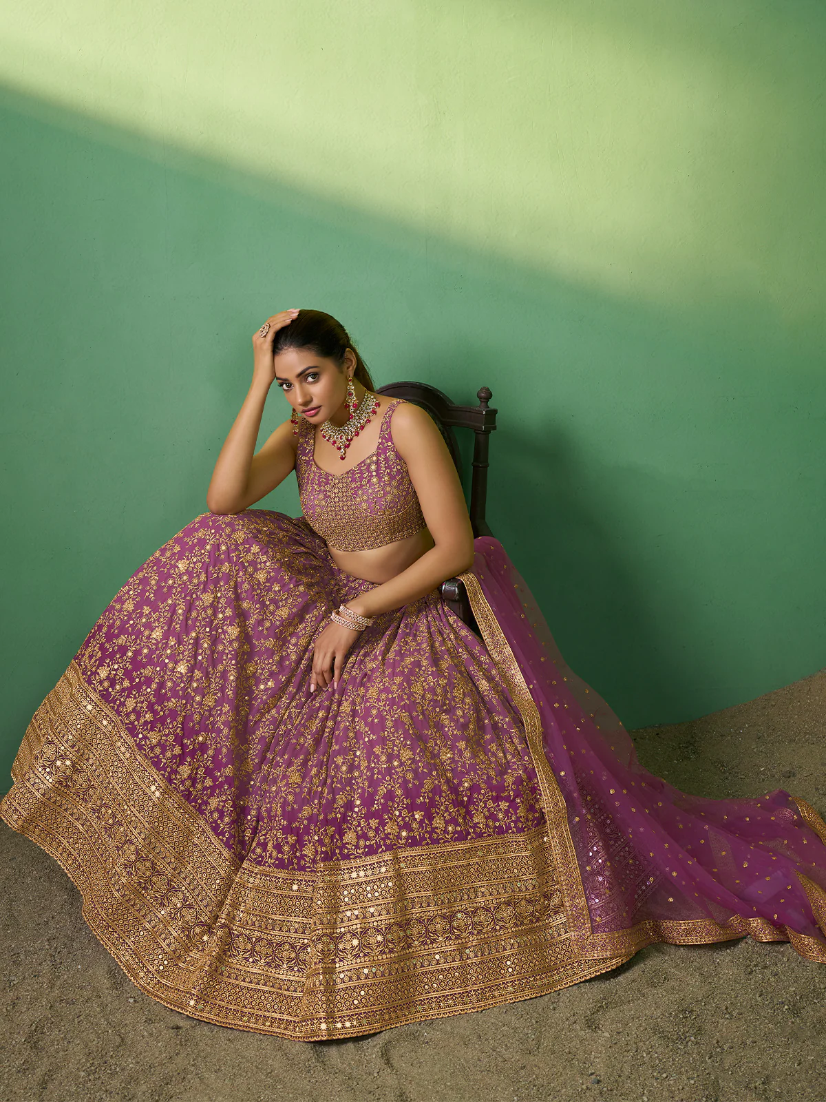 Odette Women Lavender Embroidered Gerorgette Semi Stitched Lehenga With Unstitched Blouse - Image 2