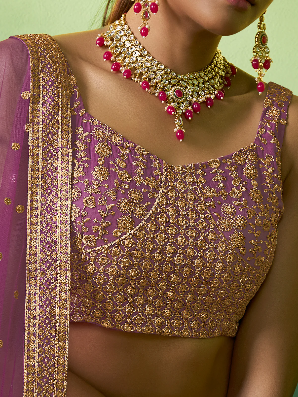 Odette Women Lavender Embroidered Gerorgette Semi Stitched Lehenga With Unstitched Blouse - Image 5
