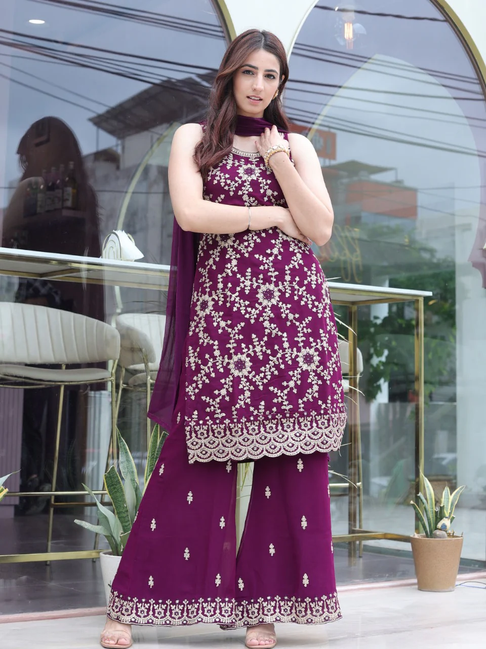 Odette Women Violet Faux Georgette Embroidered Semi Stitched Palazzo Suit - Image 2