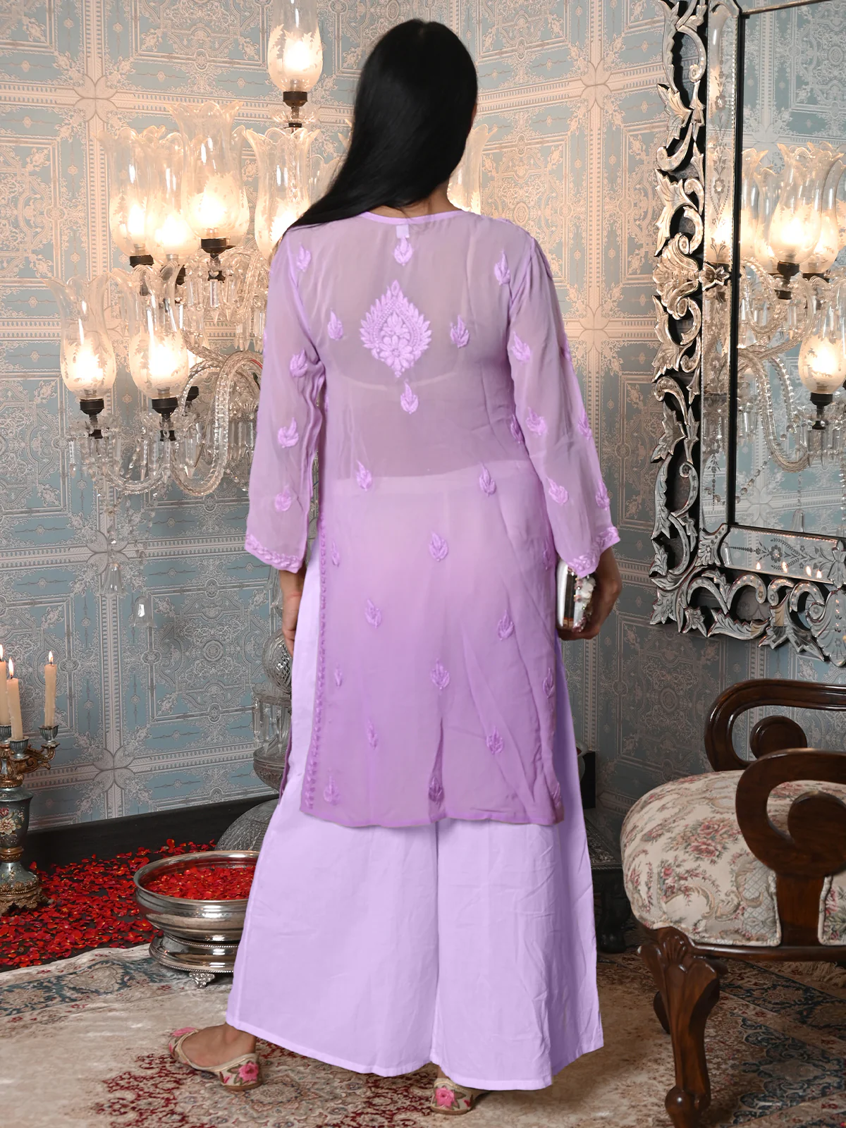 Odette Women Purple Georgette Chikankari Embroidered Stitched Kurta - Image 3