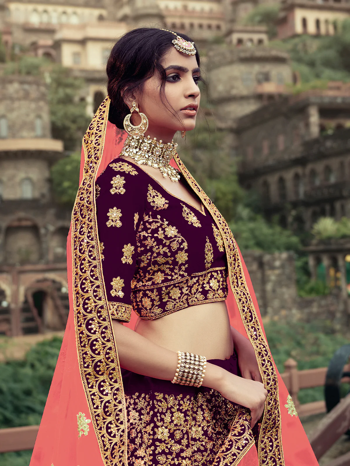 Odette Women Purple Embroidered Semi Stitched Lehenga With Unstitched Blouse - Image 2
