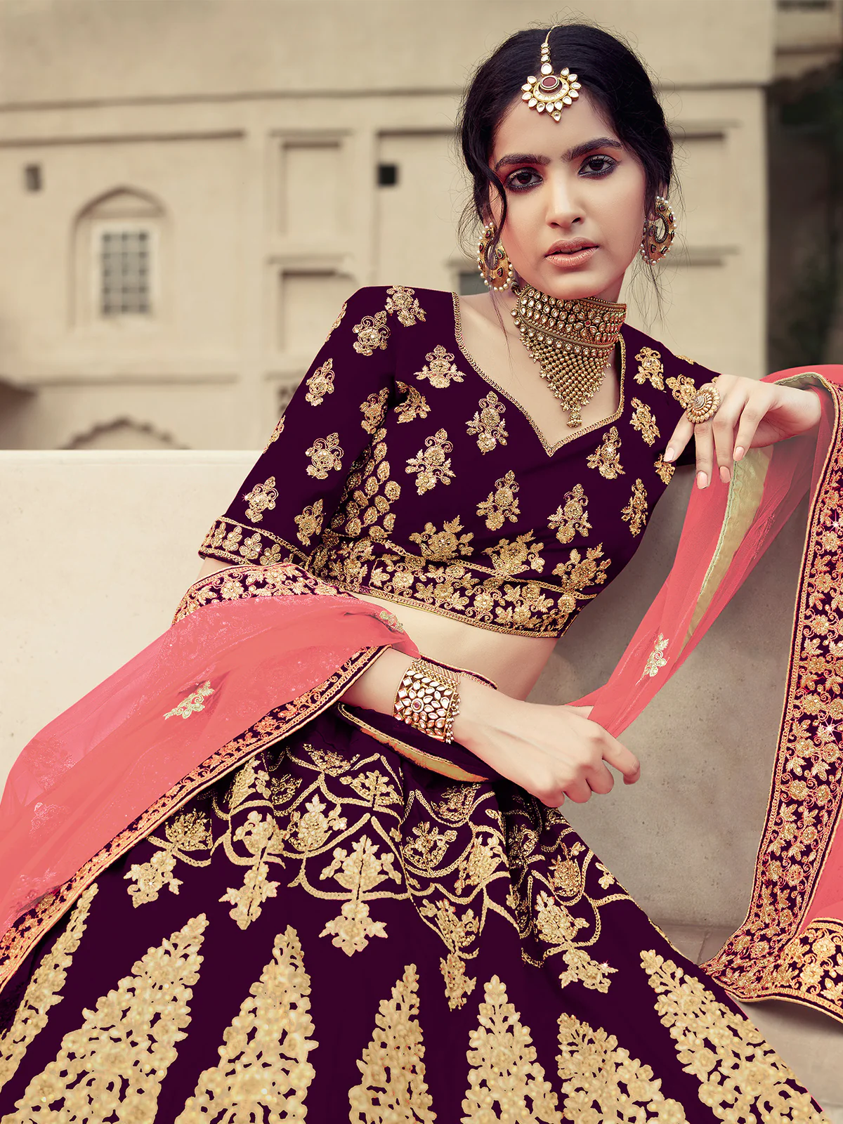 Odette Women Purple Semi Stitched Embroidered Lehenga With Unstitched Blouse - Image 2