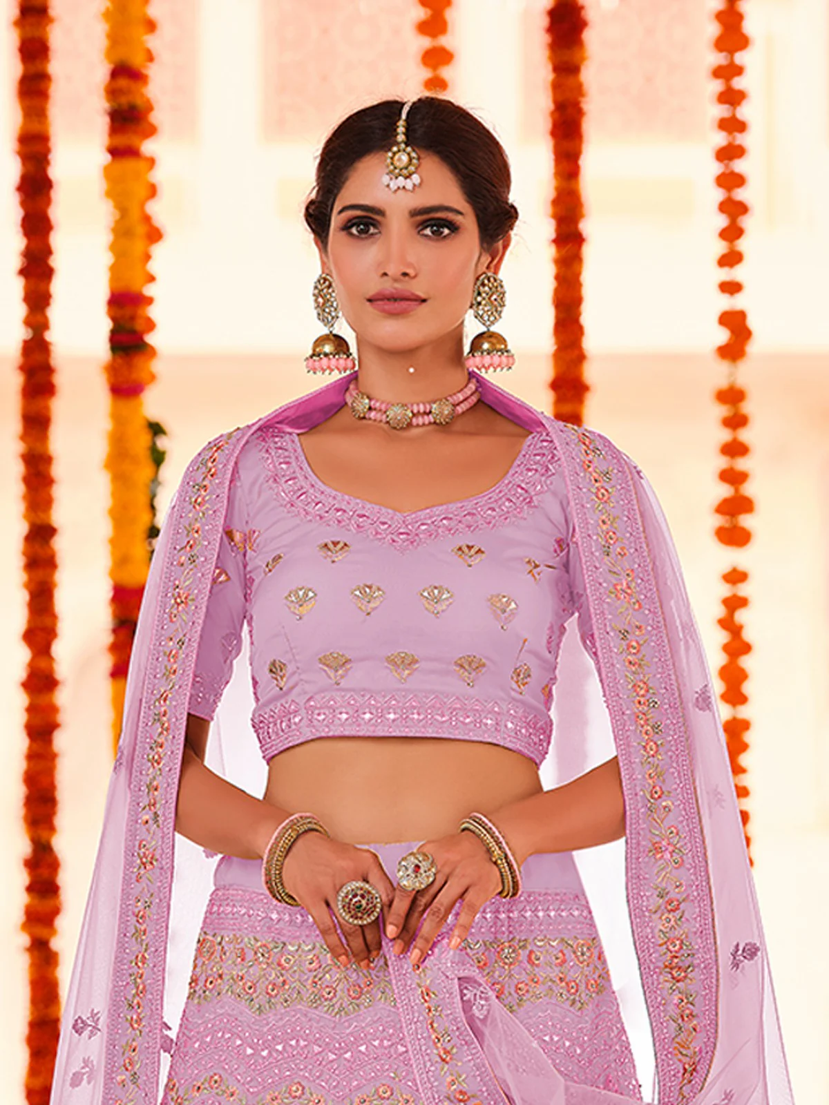 Odette Women Purple Embroidered Organza Semi Stitched Lehenga With Unstitched Blouse - Image 2