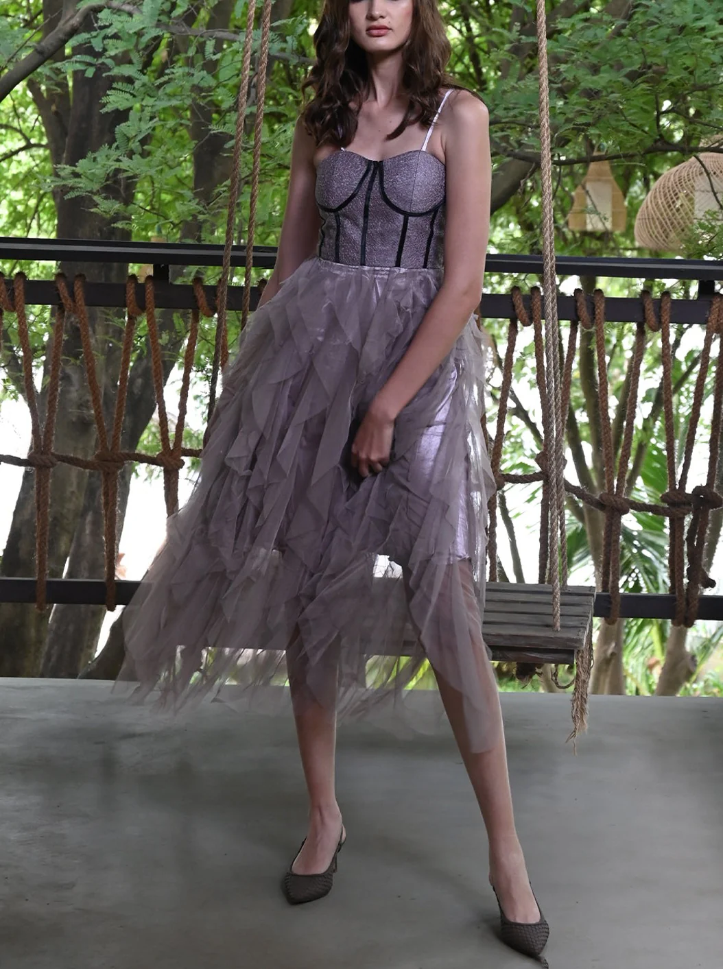 Odette Women Purple Long Textured Polyester With Net Dress - Image 2