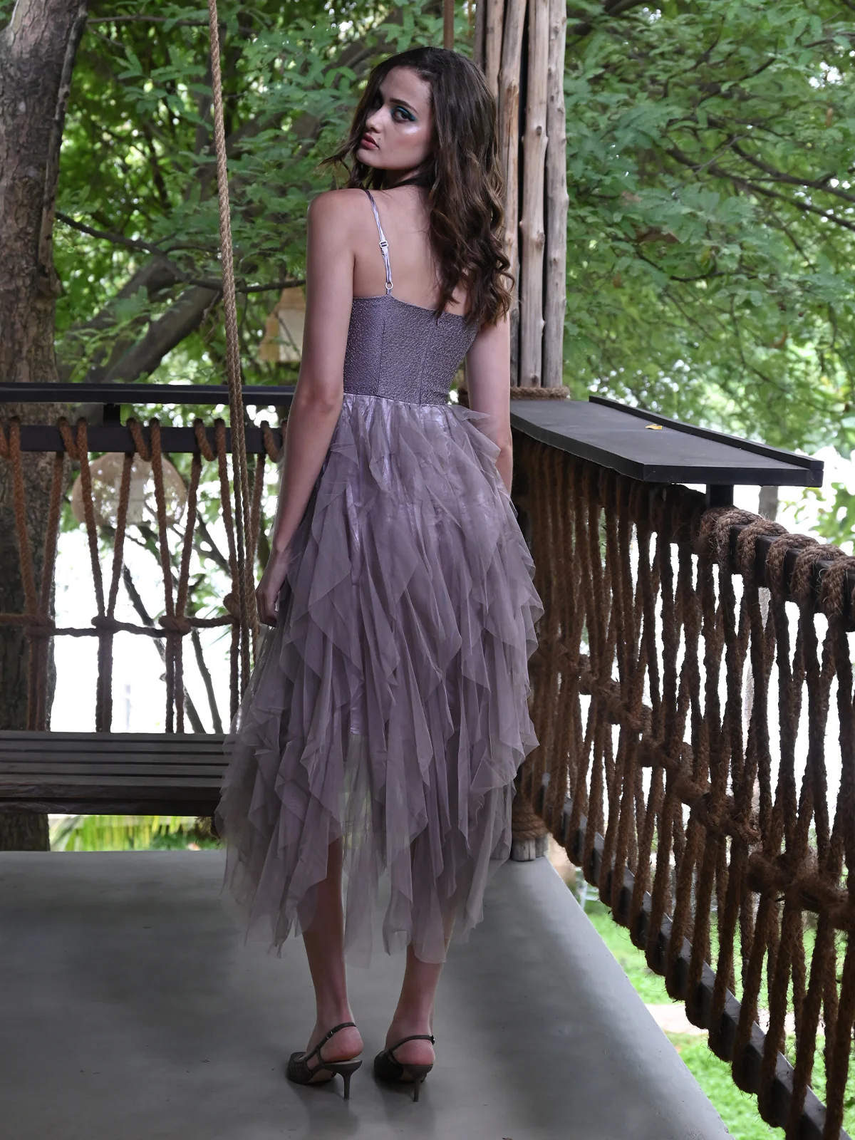 Odette Women Purple Long Textured Polyester With Net Dress - Image 4