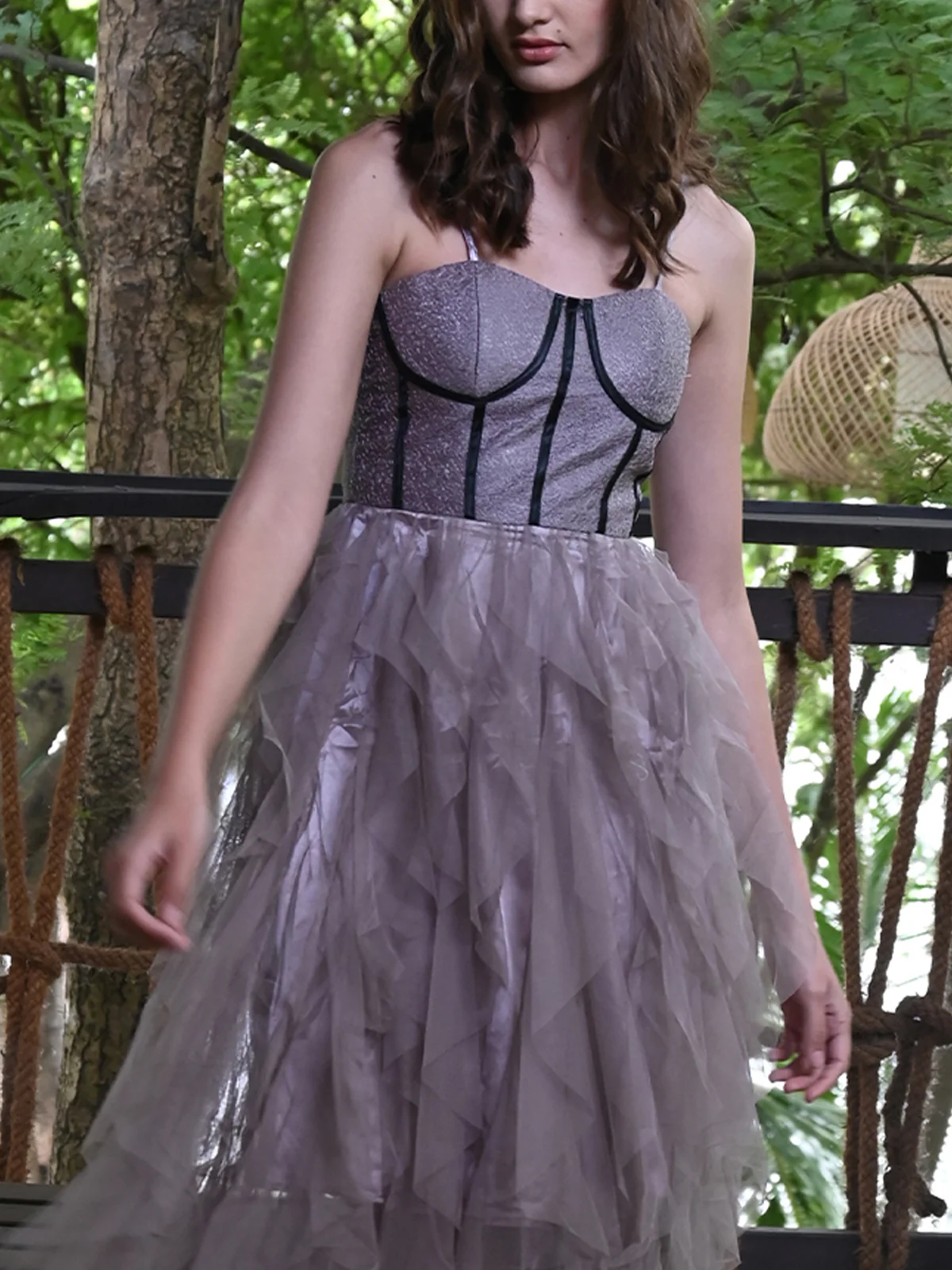 Odette Women Purple Long Textured Polyester With Net Dress - Image 5