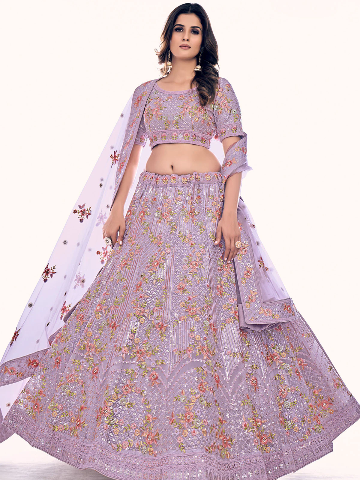 Odette Women Purple Net Semi Stitched Lehenga With Unstitched Blouse - Image 4
