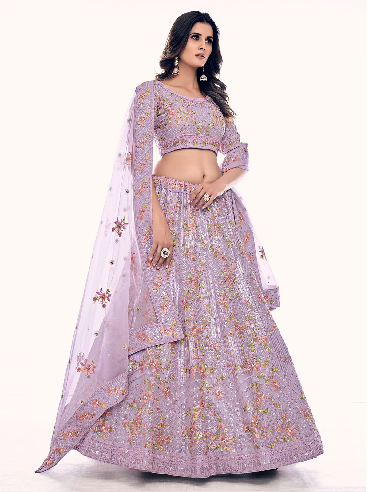Odette Women Purple Net Semi Stitched Lehenga With Unstitched Blouse - Image 5