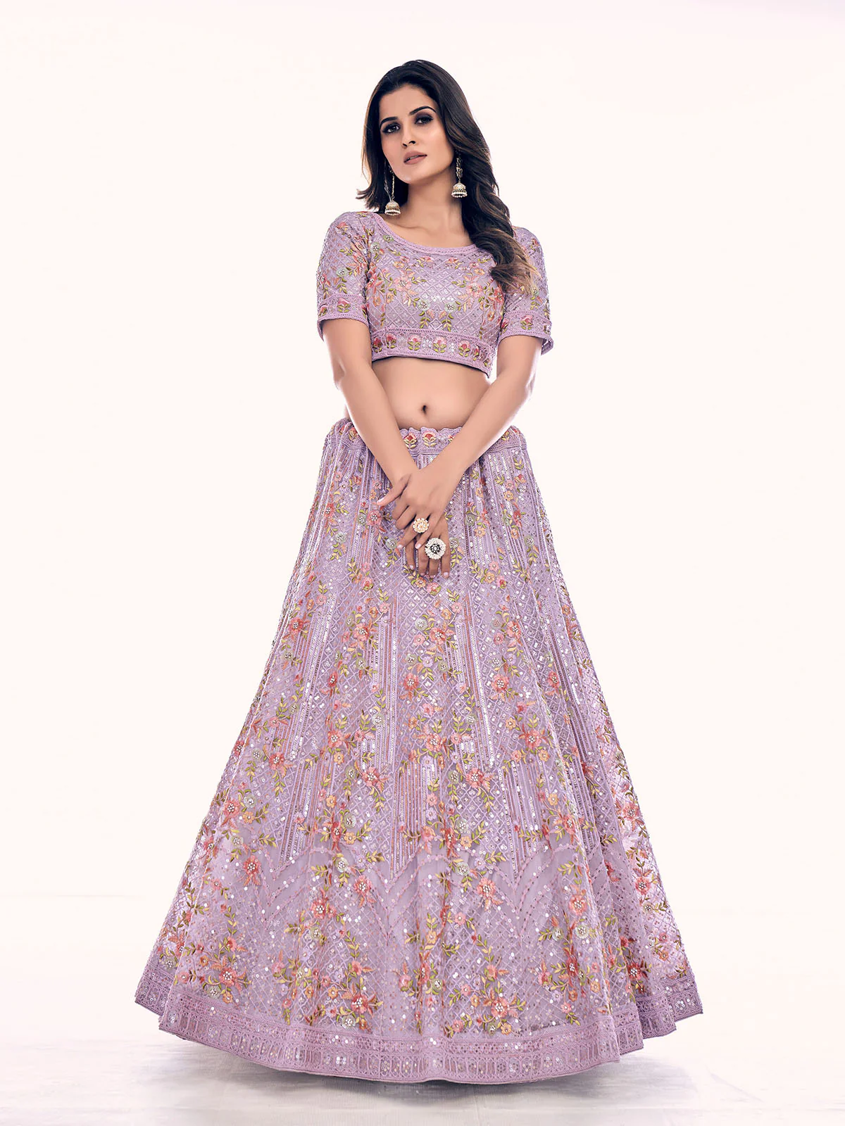 Odette Women Purple Net Semi Stitched Lehenga With Unstitched Blouse - Image 6