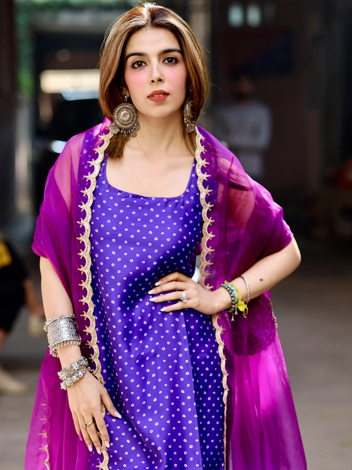 Odette Women Violet Satin Embroidered Stitched Kurta Set - Image 4