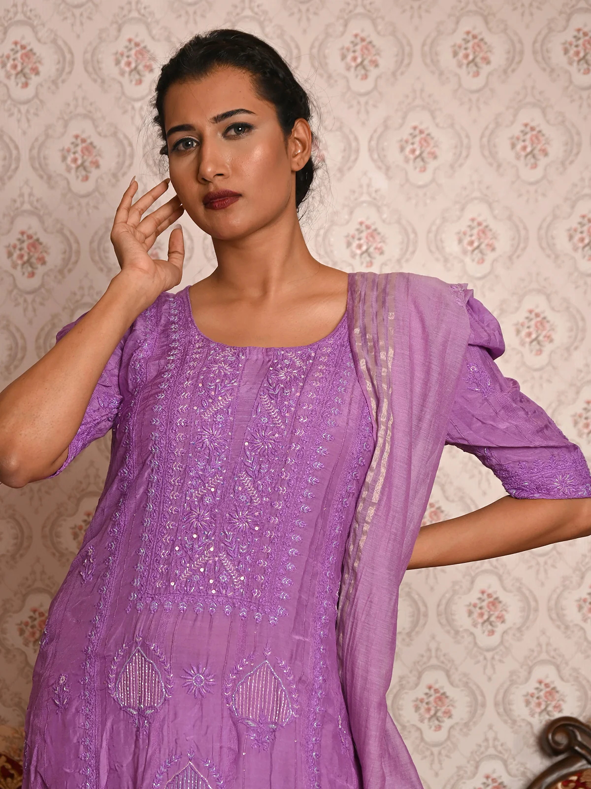Odette Women Polyester Viscose Chikankari Beads Embroidered Stitched Kurta Set - Image 2