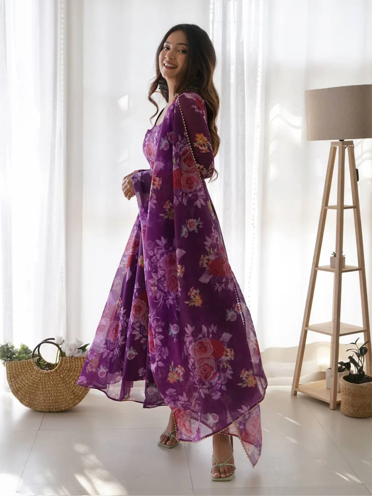 Odette Women Purple Printed Organza Stitched Kurta With Dupatta - Image 4