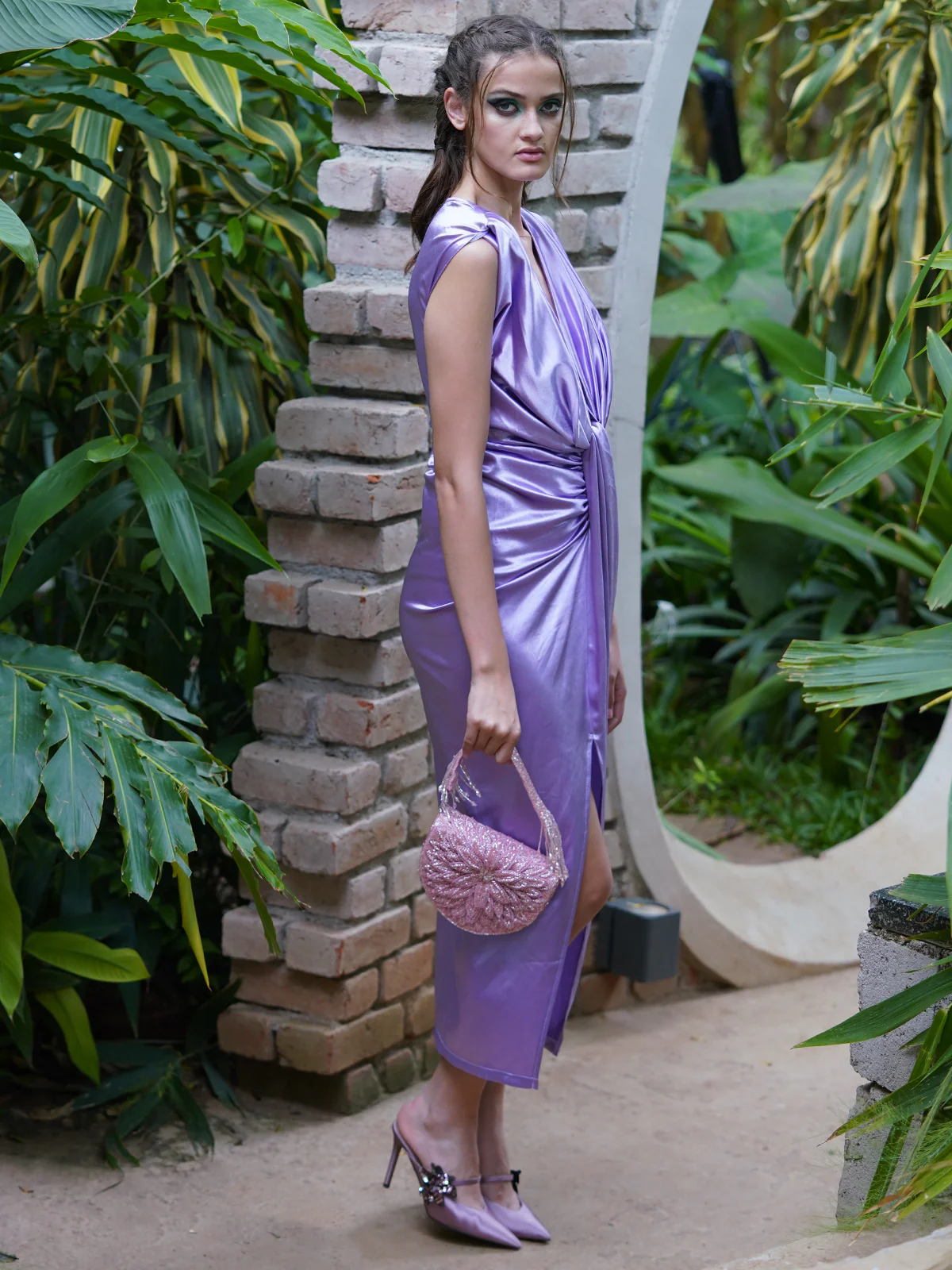 Odette Women Purple Satin Lycra Thigh Slit Long Dress - Image 3