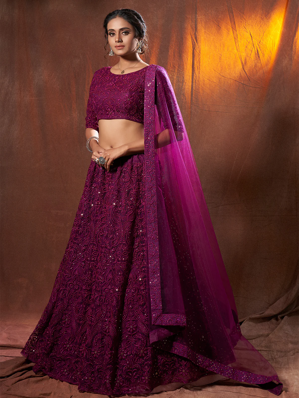 Odette Women Purple Sequins, Thread Semi Stitched Lehenga With Unstitched Blouse - Image 2