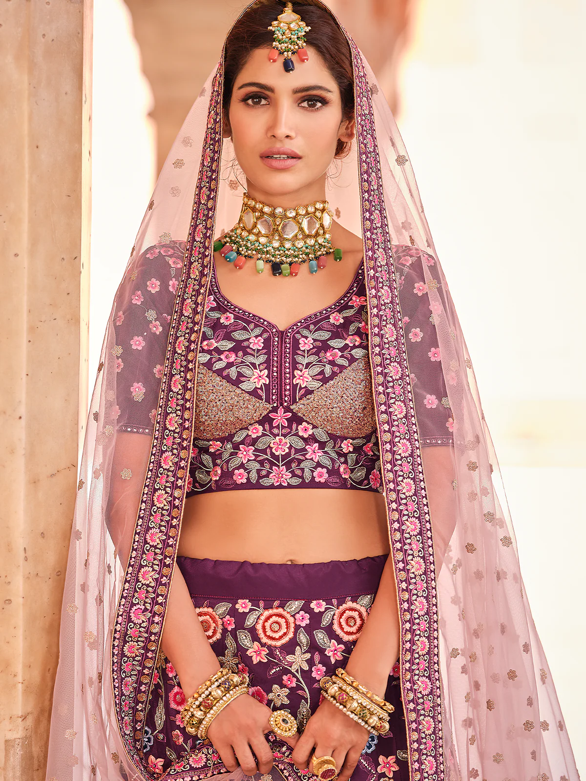 Odette Women Purple Crepe Semi Stitched Lehenga With Unstitched Blouse - Image 5
