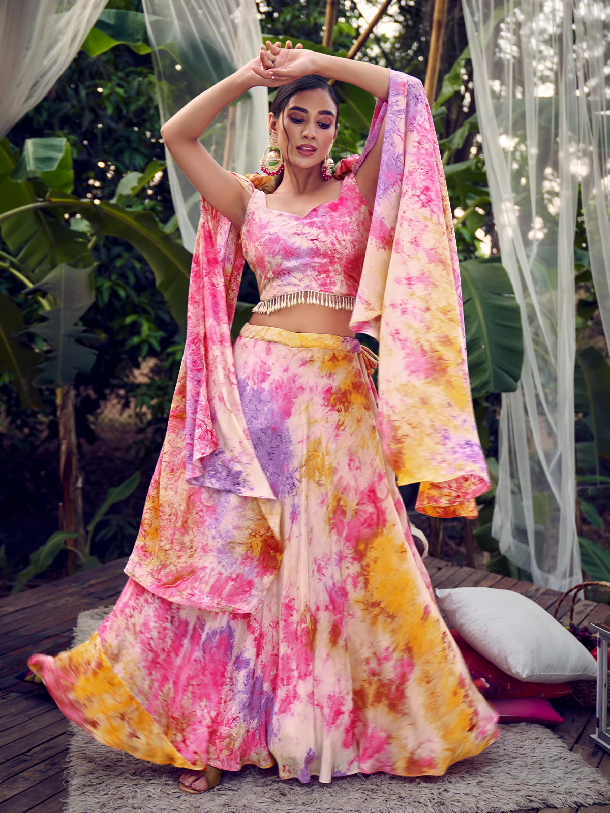 Odette Women Multicolor Silk Blend Stitched Lehenga Choli