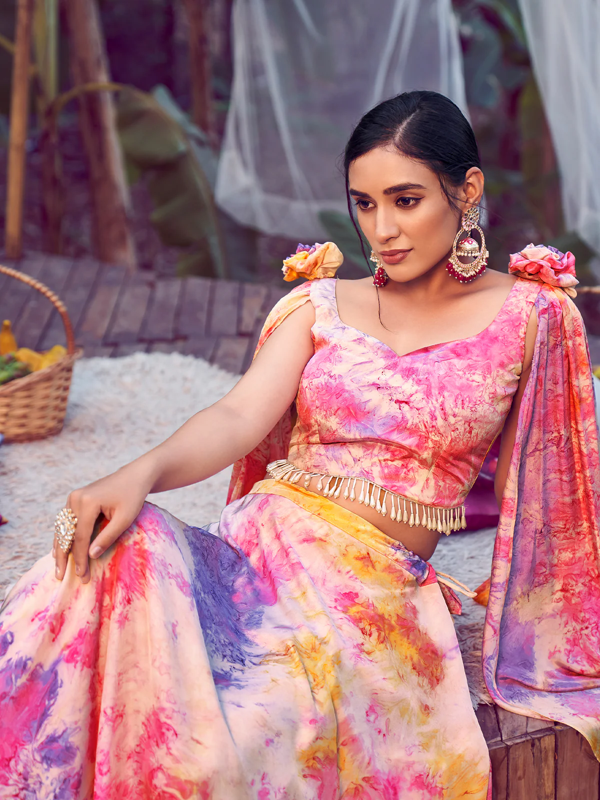 Odette Women Multicolor Silk Blend Stitched Lehenga Choli - Image 3