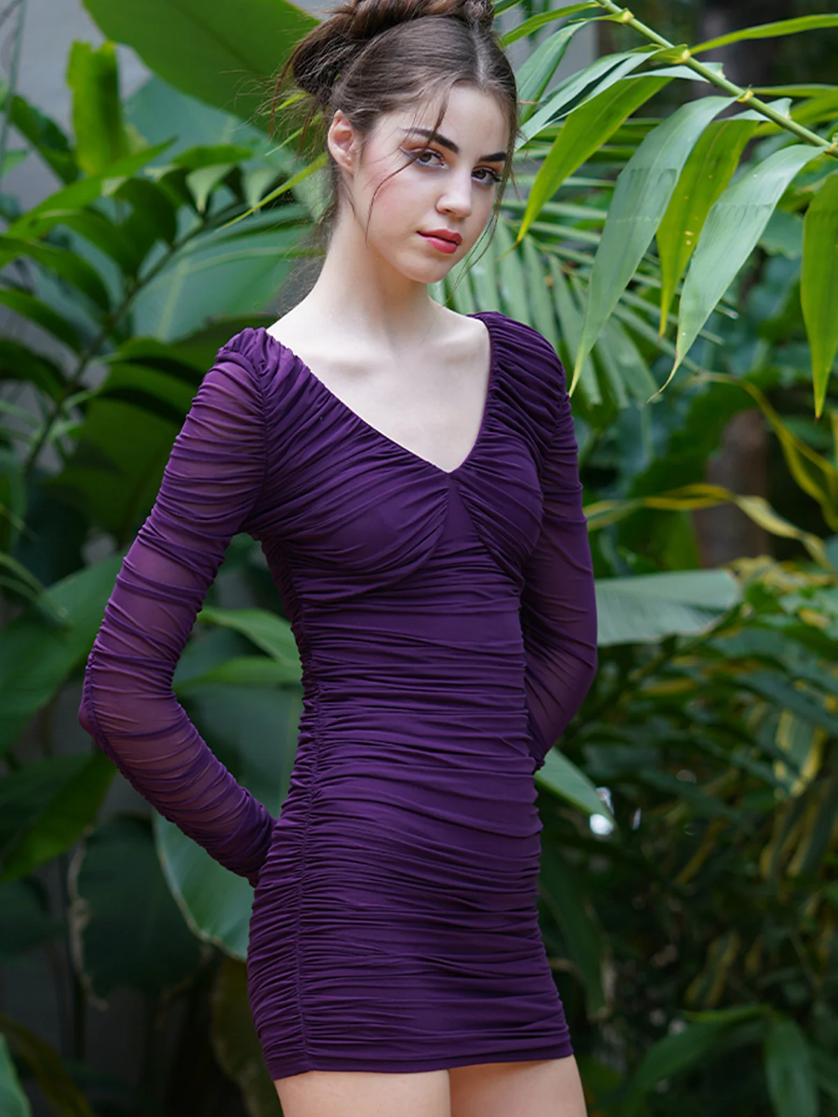 Odette Women Purple Solid Polyester Lycra Bodycon Dress - Image 5