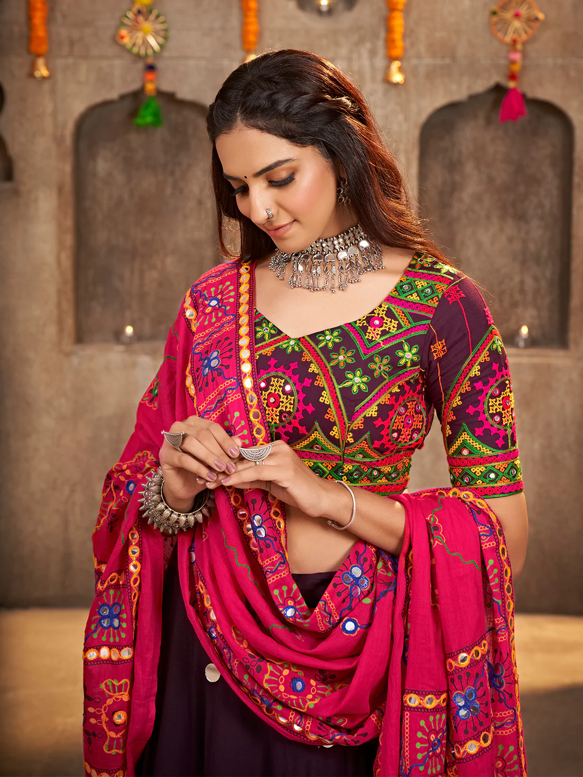 Odette Purple Viscose Rayon Embroidered Semi Stitched Lehenga Choli For Women - Image 3