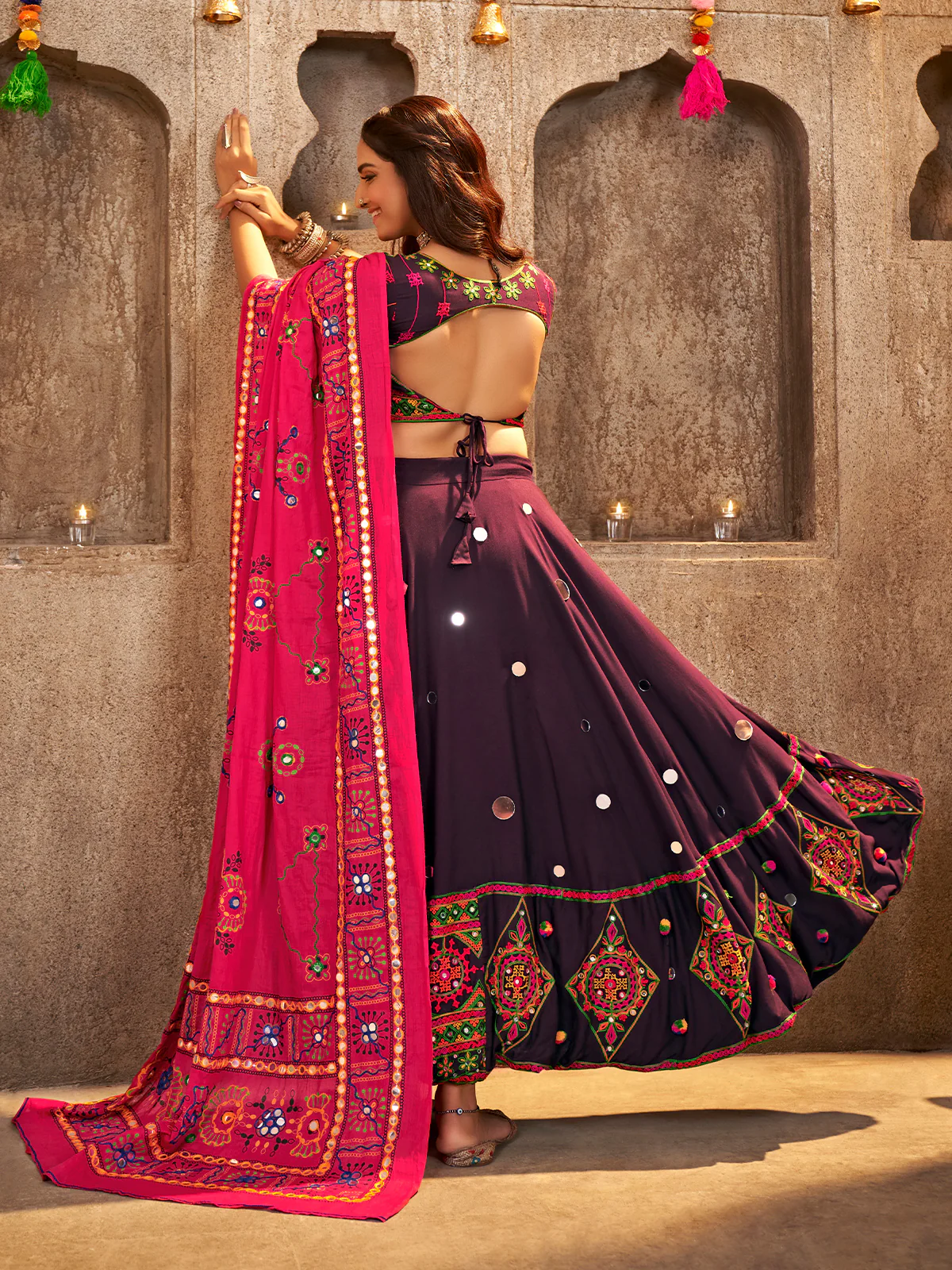 Odette Purple Viscose Rayon Embroidered Semi Stitched Lehenga Choli For Women - Image 4