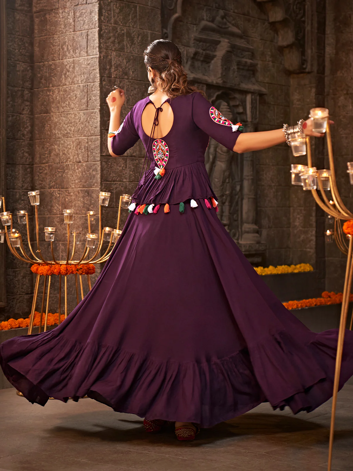 Odette Purple Viscose Rayon Embroidered Semi Stitched Lehenga Choli For Women - Image 5