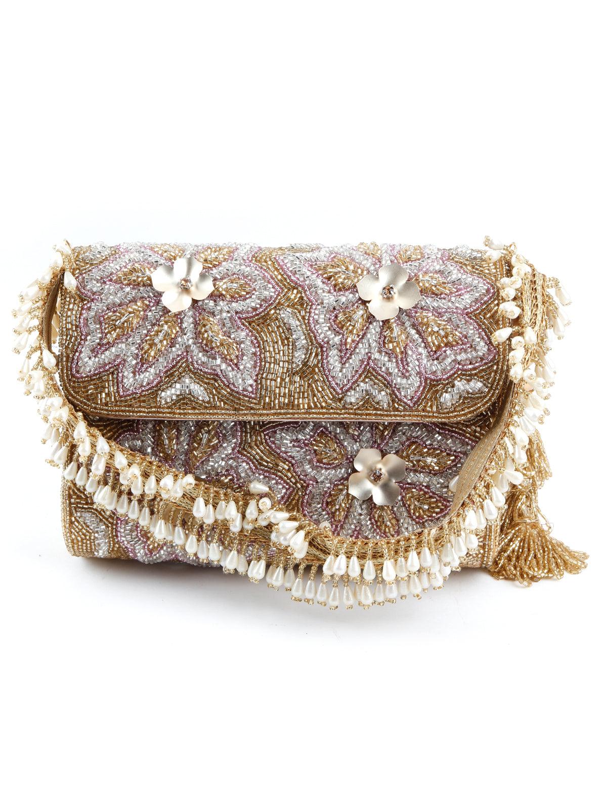Odette Women Rectangular Golden And Translucent White Clutch - Image 3