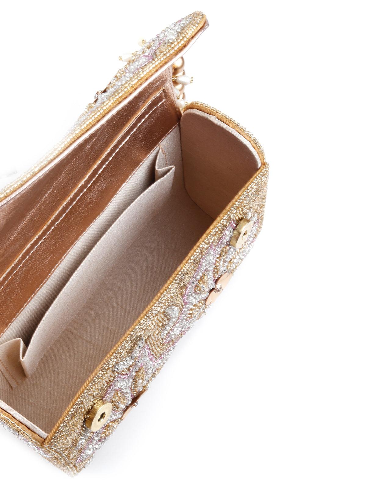 Odette Women Rectangular Golden And Translucent White Clutch - Image 5