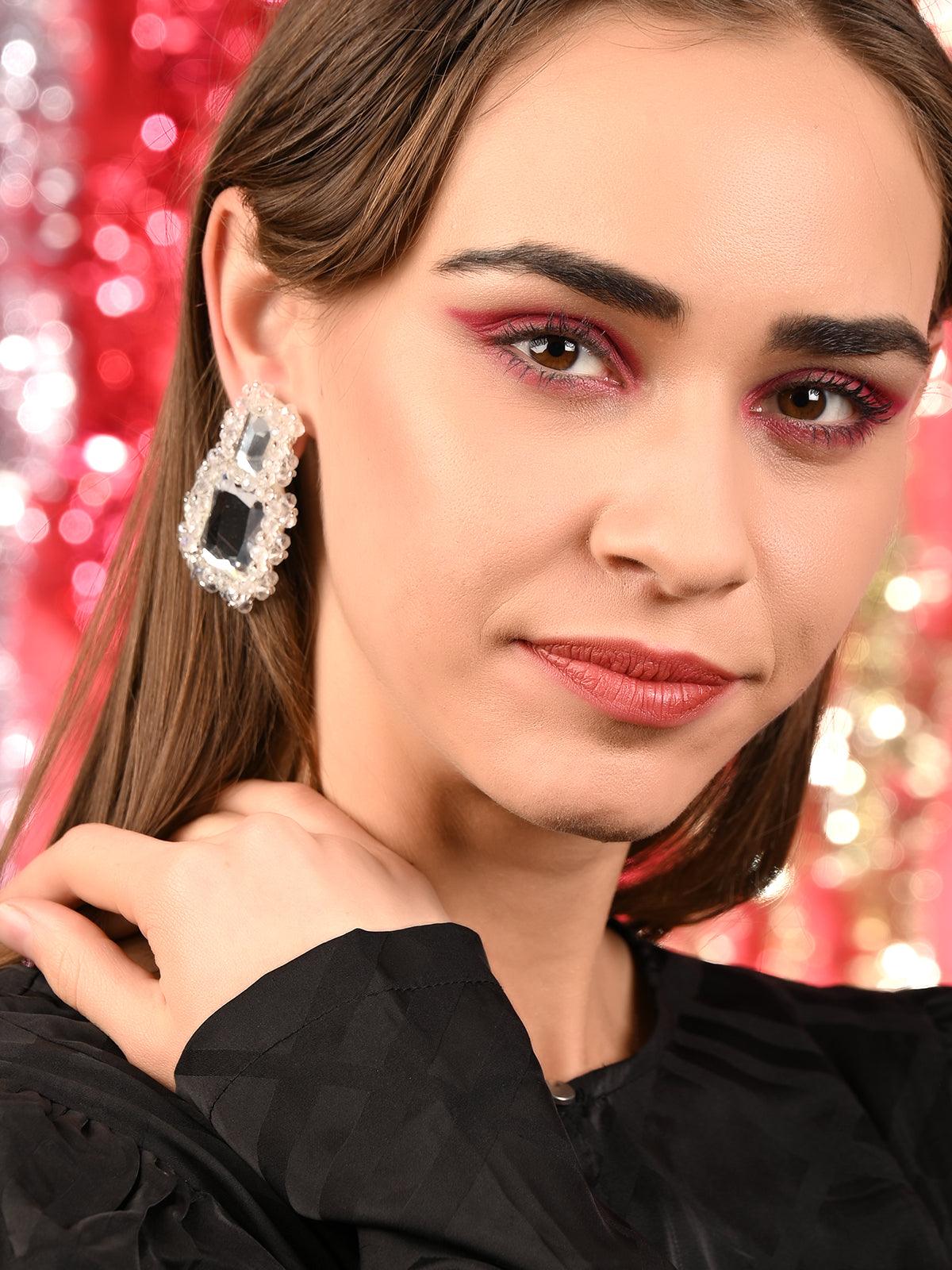 Odette Women Rectangular White Mirror Dangle Earrings