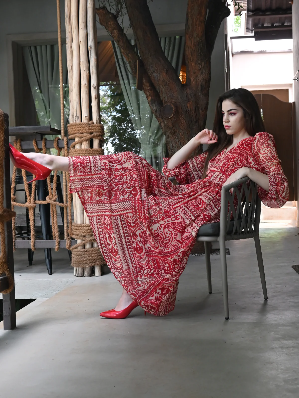 Odette Women Red Abstract Printed Long Front Open Dress - Image 2