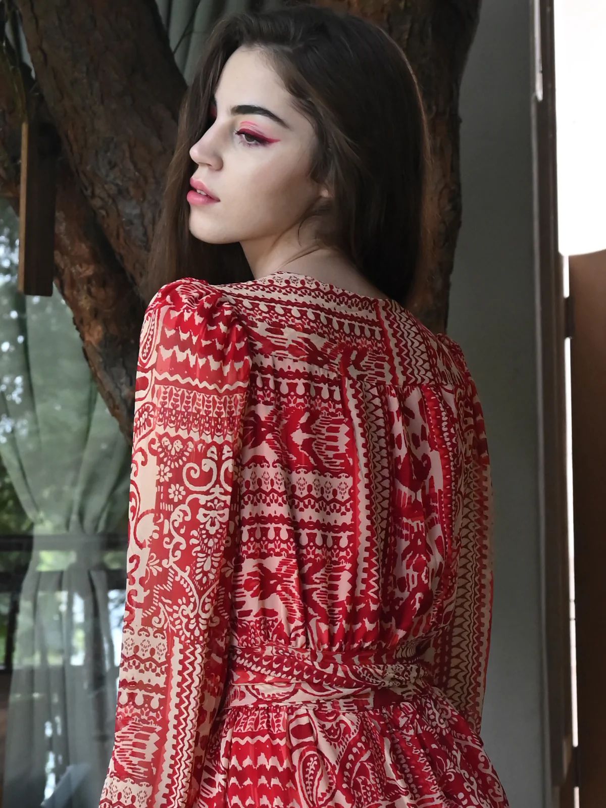 Odette Women Red Abstract Printed Long Front Open Dress - Image 5