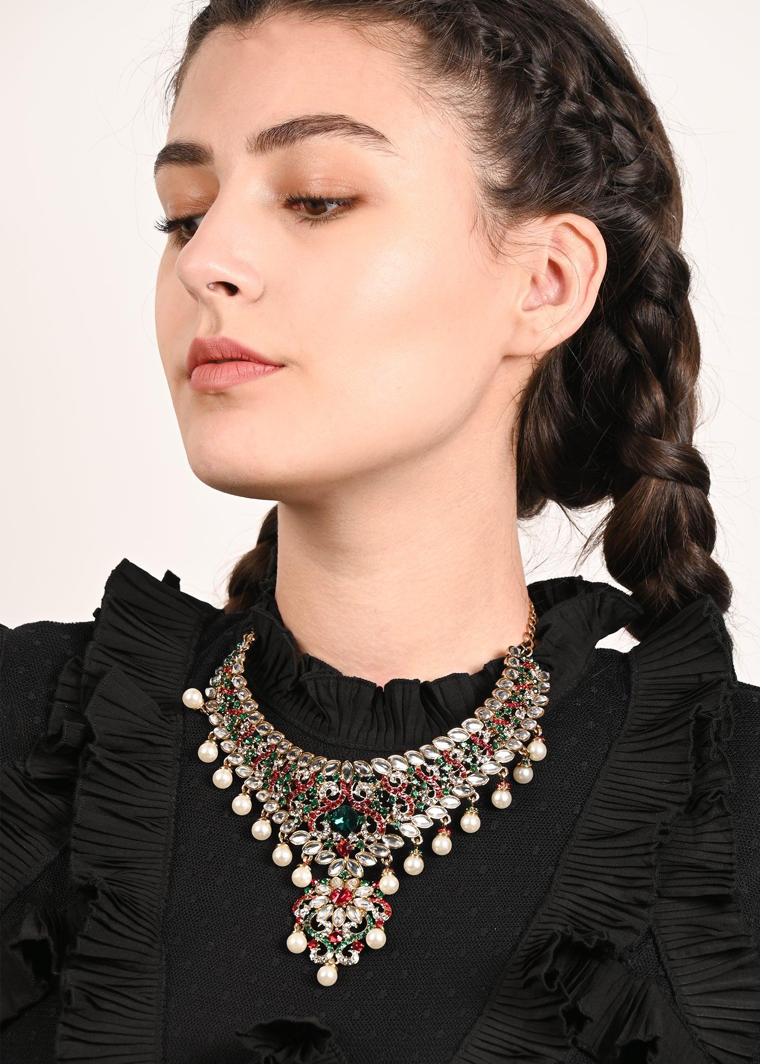 Odette Women Red And Green Crystal Necklace Set - Image 2
