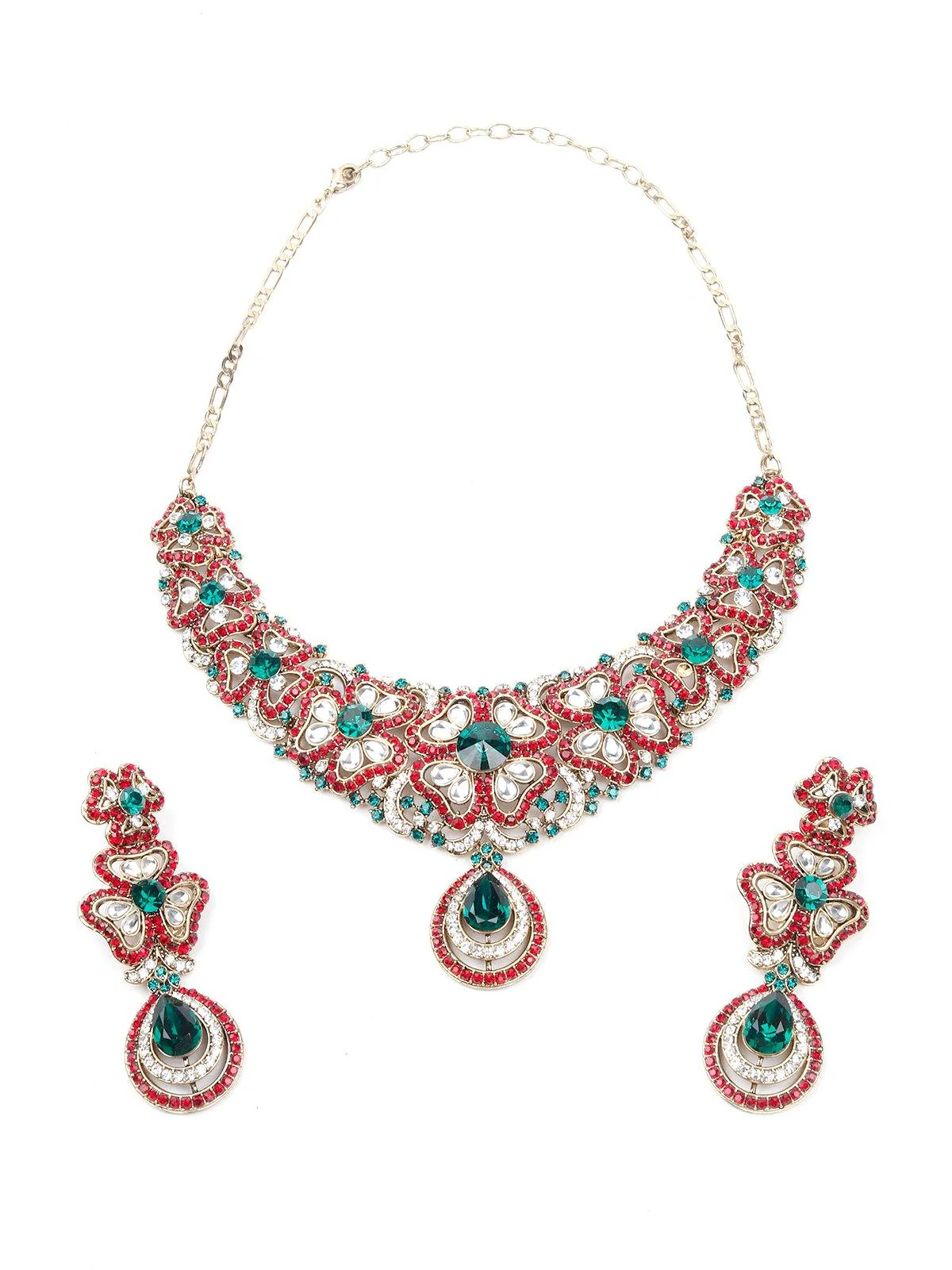 Odette Women Red And Greenmetal Necklace Set - Image 3